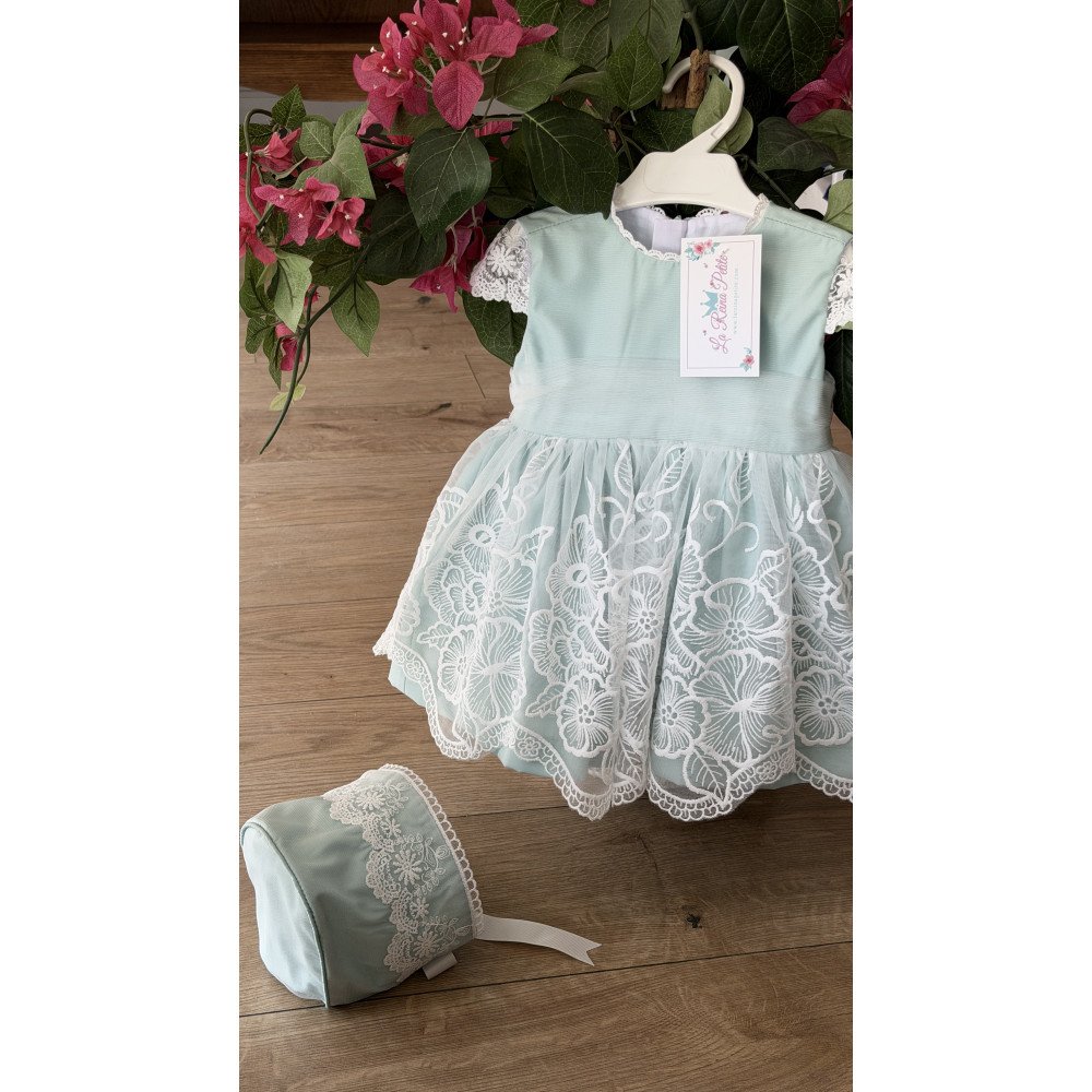 فستان دانتيل - أخضر - فاخر للعيد والمناسبات مع قبعة 26017