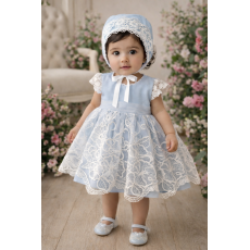 فستان دانتيل - أزرق - فاخر للعيد والمناسبات مع قبعة 26018