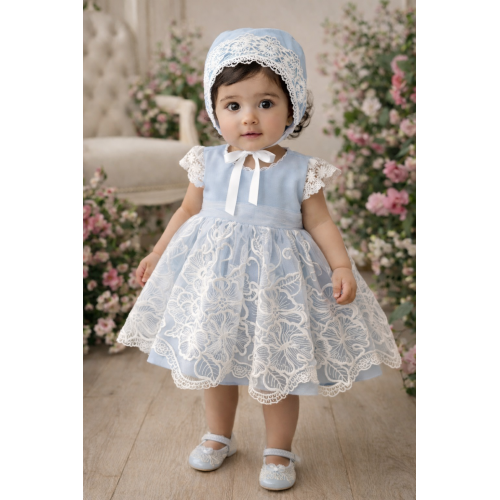 فستان دانتيل - أزرق - فاخر للعيد والمناسبات مع قبعة 26018