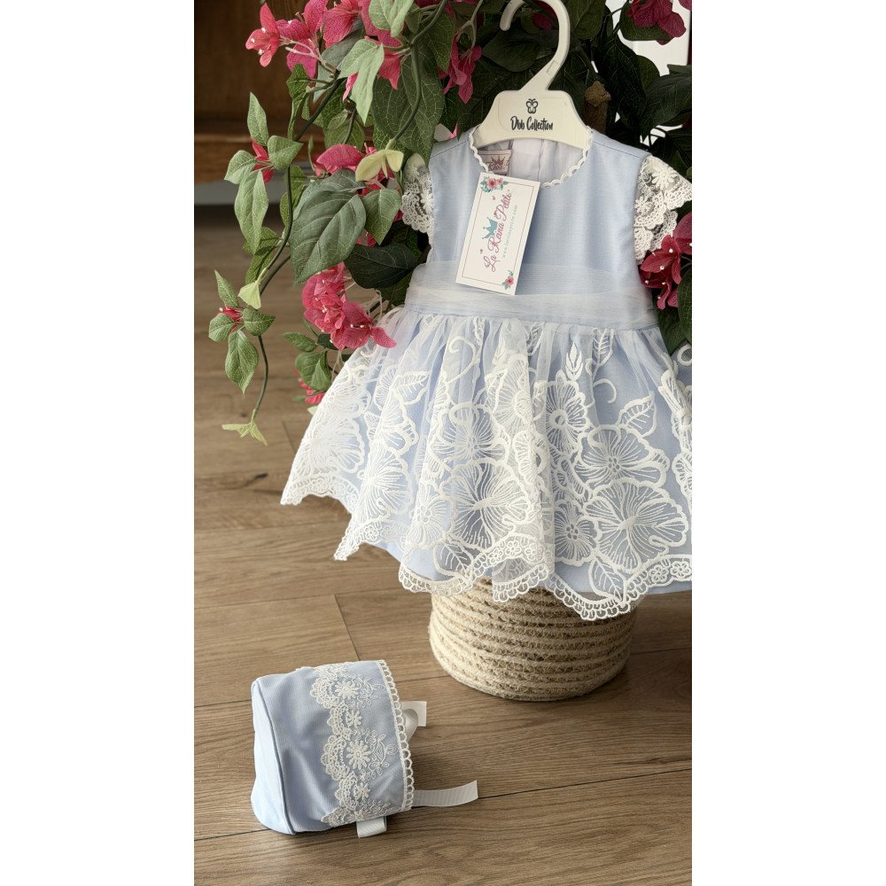 فستان دانتيل - أزرق - فاخر للعيد والمناسبات مع قبعة 26018