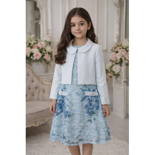 فستان دانتيل أزرق مع جاكيت كلاسيك 26006