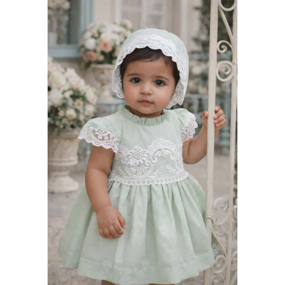 فستان أطفال أخضر نعناعي بدانتيل مع قبعة  26009