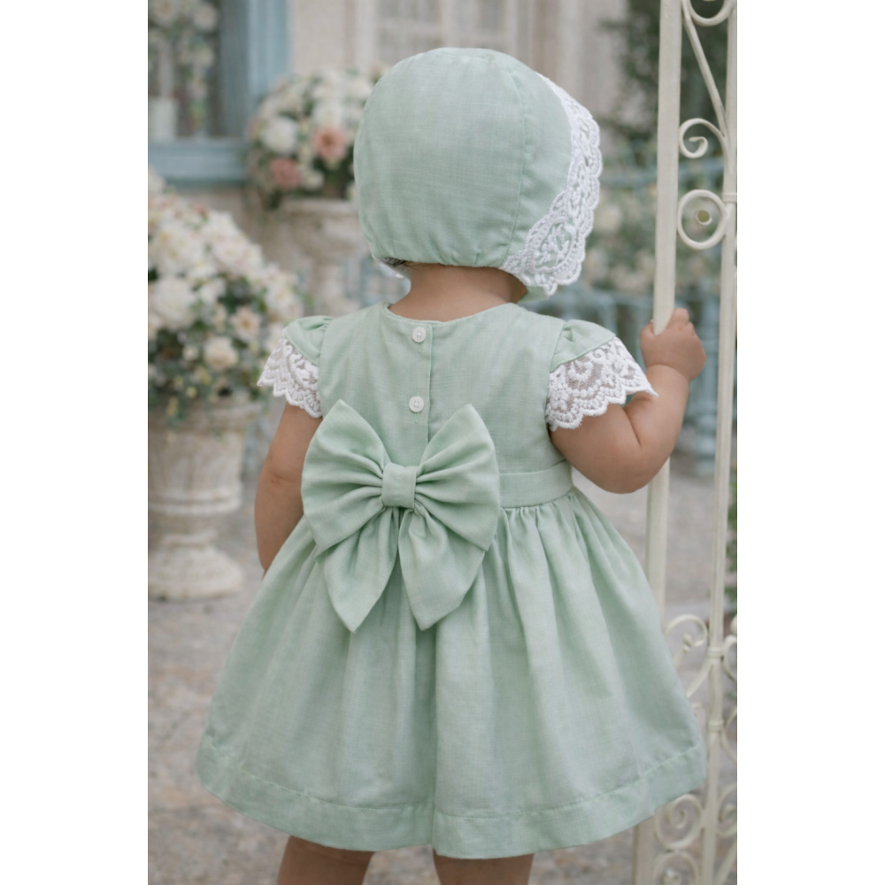 فستان أطفال أخضر نعناعي بدانتيل مع قبعة  26009