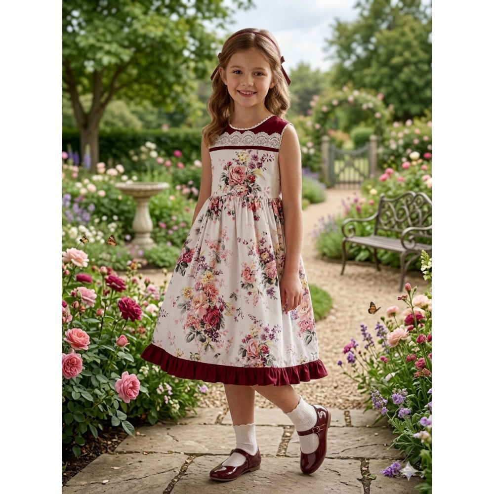 فستان  كلاسيكي بطبعة الوروود الربيعية مع فيونكة خلفية أنيقة  202626