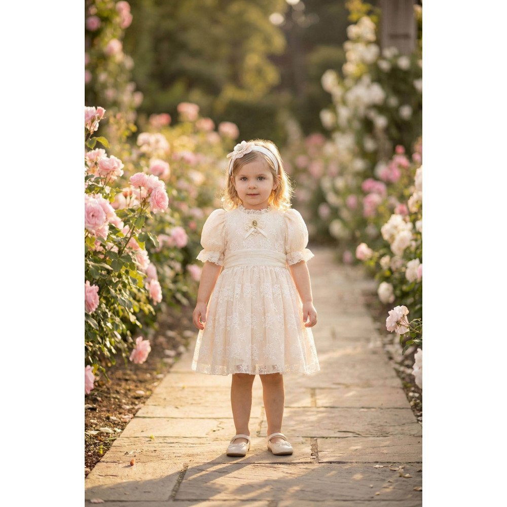 فستان دانتيل بيج تصميم كلاسيكي للبنات الصغيرات مع ربطة رأس 36315 فستان دانتيل بيج تصميم كلاسيكي للبنات الصغيرات مع ربطة رأس 36315