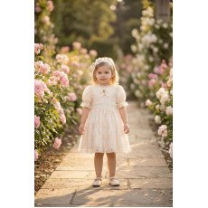 فستان دانتيل بيج تصميم كلاسيكي للبنات الصغيرات مع ربطة رأس 36315 فستان دانتيل بيج تصميم كلاسيكي للبنات الصغيرات مع ربطة رأس 36315