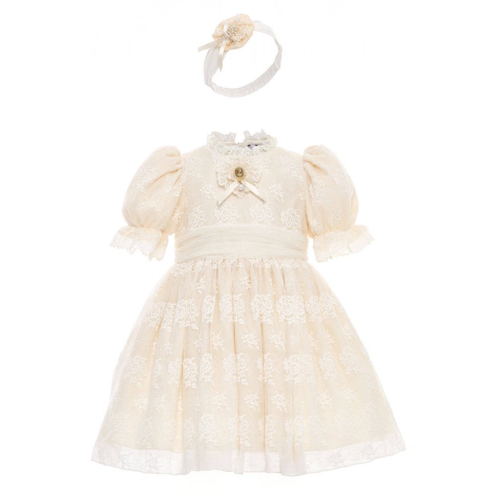 فستان دانتيل بيج تصميم كلاسيكي للبنات الصغيرات مع ربطة رأس 36315 فستان دانتيل بيج تصميم كلاسيكي للبنات الصغيرات مع ربطة رأس 36315