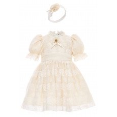 فستان دانتيل بيج تصميم كلاسيكي للبنات الصغيرات مع ربطة رأس 36315 فستان دانتيل بيج تصميم كلاسيكي للبنات الصغيرات مع ربطة رأس 36315