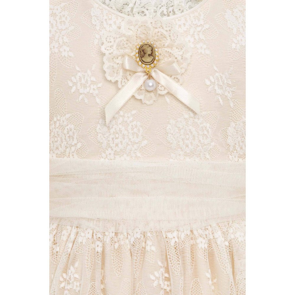 فستان دانتيل بيج تصميم كلاسيكي للبنات الصغيرات مع ربطة رأس 36315 فستان دانتيل بيج تصميم كلاسيكي للبنات الصغيرات مع ربطة رأس 36315