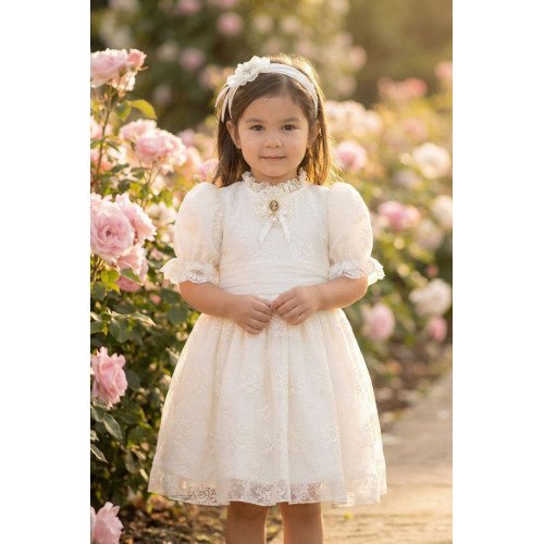 فستان دانتيل أبيض تصميم كلاسيكي للبنات الصغيرات مع ربطة رأس 36315 فستان دانتيل أبيض تصميم كلاسيكي للبنات الصغيرات مع ربطة رأس 36315