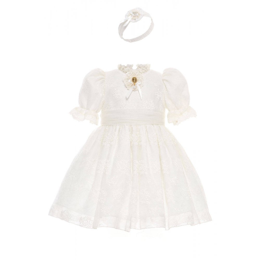 فستان دانتيل أبيض تصميم كلاسيكي للبنات الصغيرات مع ربطة رأس 36315 فستان دانتيل أبيض تصميم كلاسيكي للبنات الصغيرات مع ربطة رأس 36315