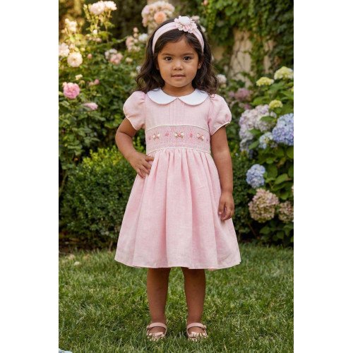 فستان بناتي - وردي - تطريز يدوي مع اكسسوار شعر 36323 فستان بناتي - وردي - تطريز يدوي مع اكسسوار شعر 36323