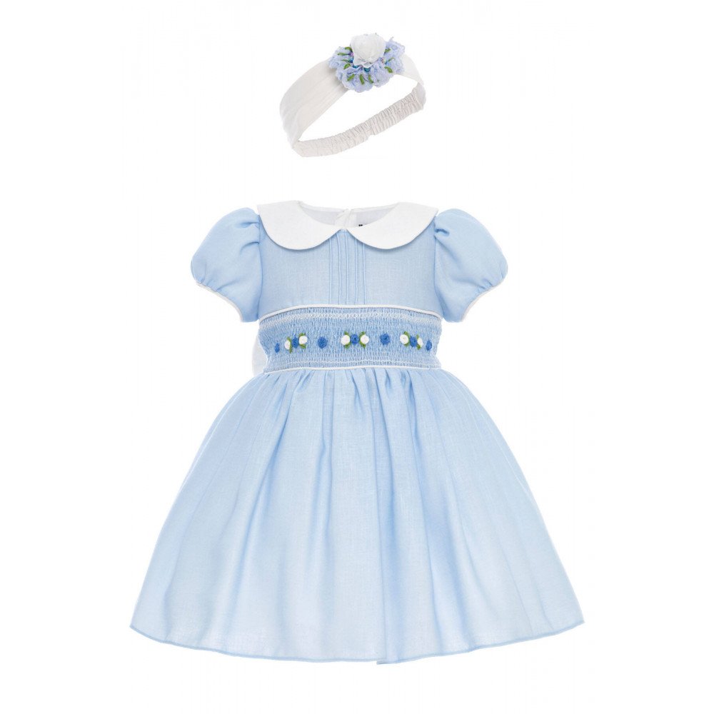 فستان بناتي - أزرق - تطريز يدوي مع اكسسوار شعر 36323 فستان بناتي - أزرق - تطريز يدوي مع اكسسوار شعر 36323