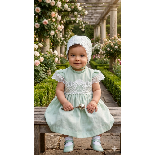 فستان أطفال أخضر نعناعي بدانتيل مع قبعة 26009 فستان أطفال أخضر نعناعي بدانتيل مع قبعة 26009