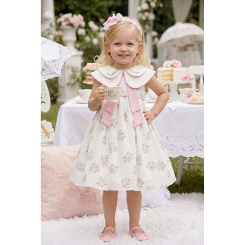 فستان كلاسيكي - وردي - مطبوع بالزهور ومطرز الياقة مع اكسسوار شعر 36399 فستان كلاسيكي - وردي - مطبوع بالزهور ومطرز الياقة مع اكسسوار شعر 36399