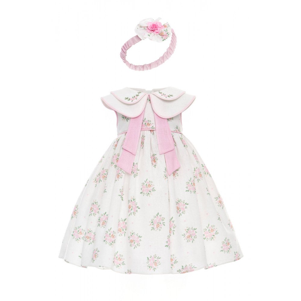 فستان كلاسيكي - وردي - مطبوع بالزهور ومطرز الياقة مع اكسسوار شعر 36399 فستان كلاسيكي - وردي - مطبوع بالزهور ومطرز الياقة مع اكسسوار شعر 36399