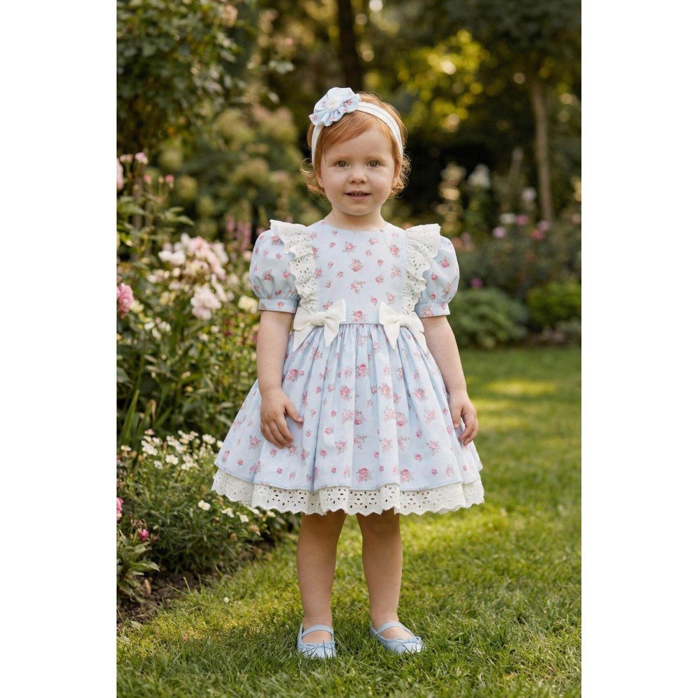 فستان بناتي مزهر - أزرق - بأكمام منفوخة مع اكسسوار شعر 36357 فستان بناتي مزهر - أزرق - بأكمام منفوخة مع اكسسوار شعر 36357