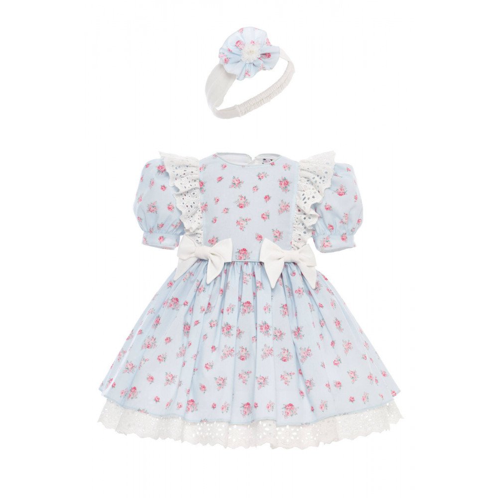 فستان بناتي مزهر - أزرق - بأكمام منفوخة مع اكسسوار شعر 36357 فستان بناتي مزهر - أزرق - بأكمام منفوخة مع اكسسوار شعر 36357