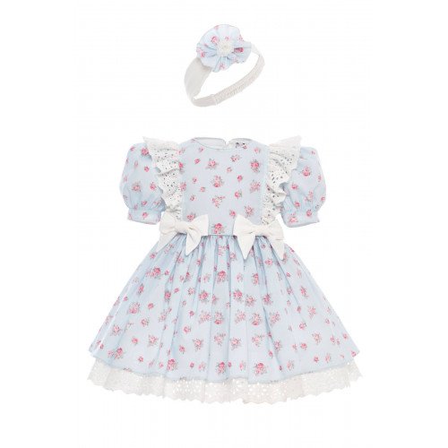 فستان بناتي مزهر - أزرق - بأكمام منفوخة مع اكسسوار شعر 36357 فستان بناتي مزهر - أزرق - بأكمام منفوخة مع اكسسوار شعر 36357