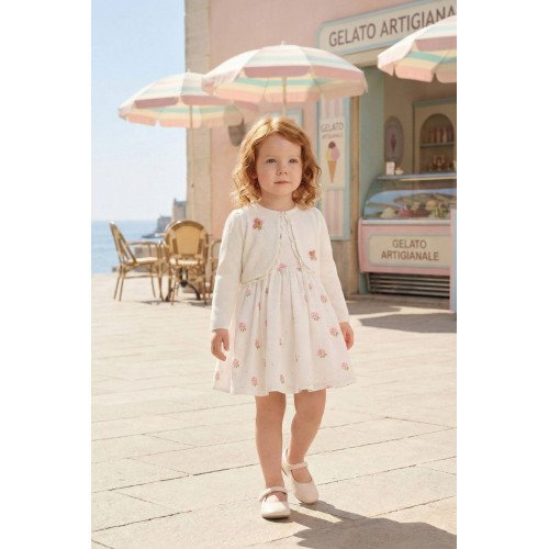 فستان بناتي - أبيض - مطرز بالورود مع جاكيت 36385 فستان بناتي - أبيض - مطرز بالورود مع جاكيت 36385