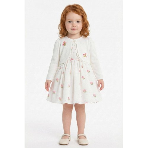 فستان بناتي - أبيض - مطرز بالورود مع جاكيت 36385 فستان بناتي - أبيض - مطرز بالورود مع جاكيت 36385