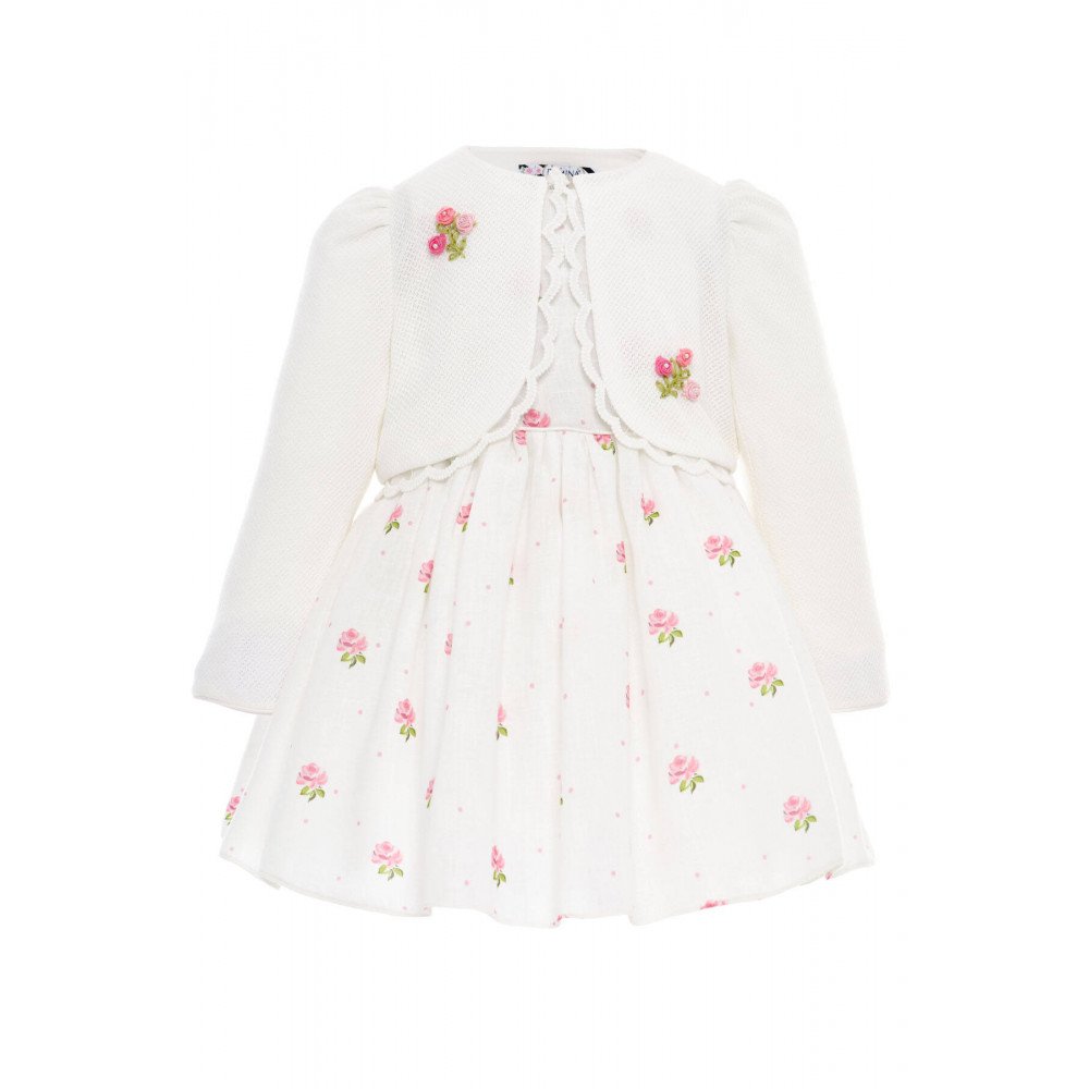فستان بناتي - أبيض - مطرز بالورود مع جاكيت 36385