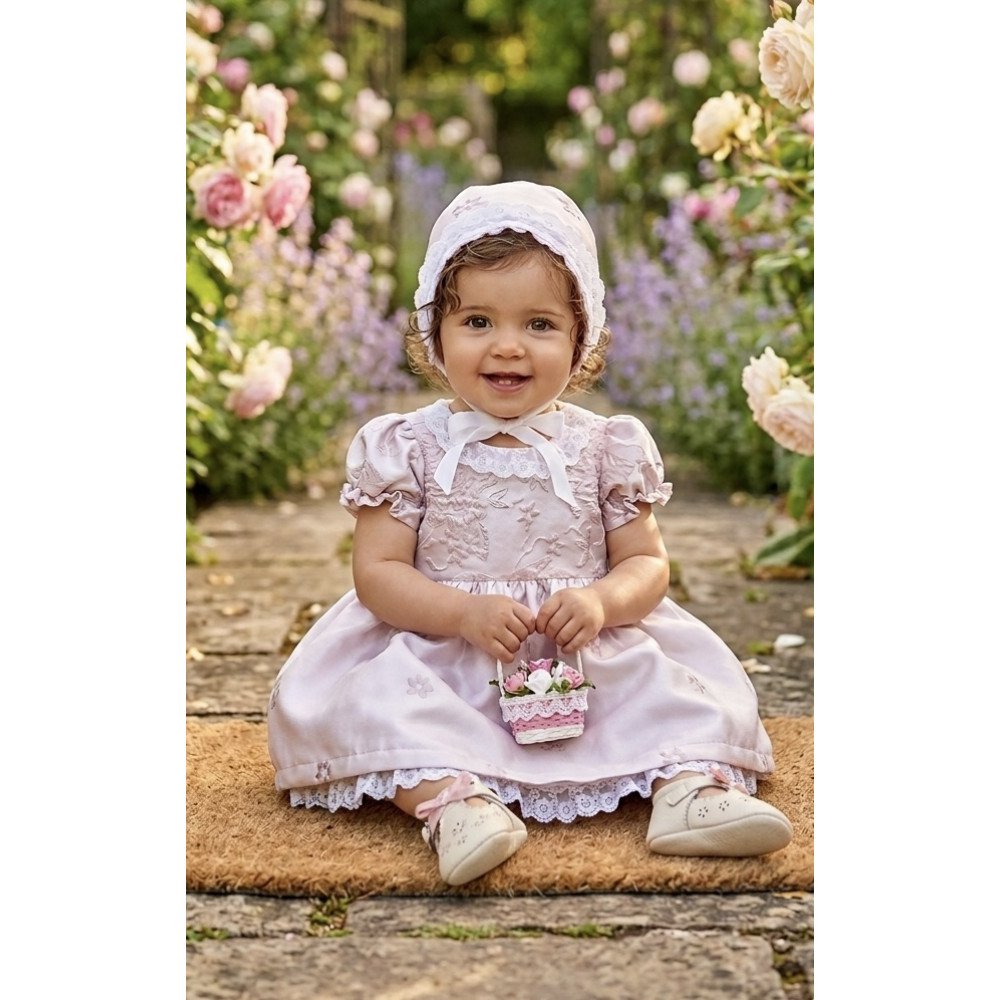 فستان جاكار باللون الوردي المغبر والزهور مع قبعة 202621