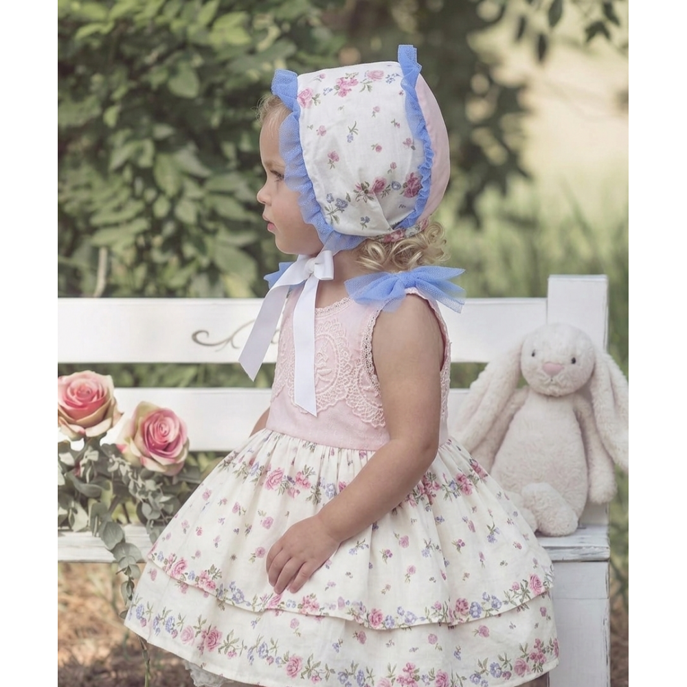 طقم طفلة فستان  مع قبعة  – مورد وبتفاصيل تل ناعم 20268