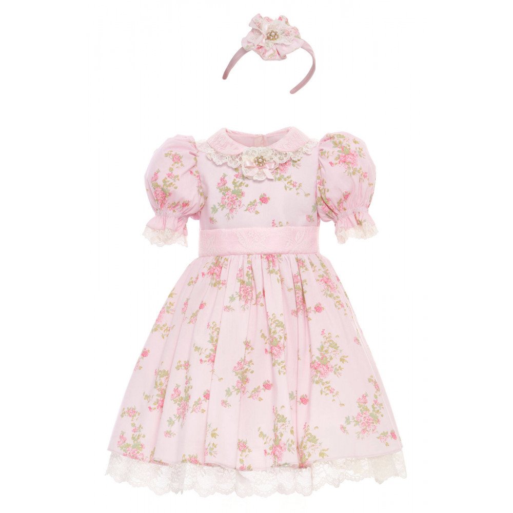 فستان - وردي - بنقشة زهور تصميم كلاسيكي مع طوق للشعر 36374 فستان - وردي - بنقشة زهور تصميم كلاسيكي مع طوق للشعر 36374