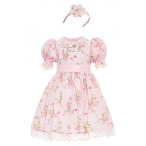 فستان - وردي - بنقشة زهور تصميم كلاسيكي مع طوق للشعر 36374 فستان - وردي - بنقشة زهور تصميم كلاسيكي مع طوق للشعر 36374