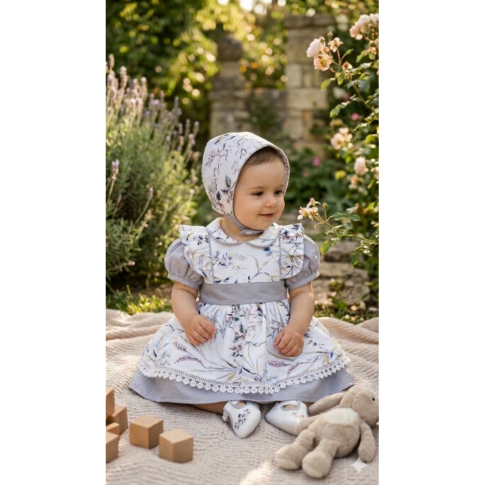 فستان مواليد مشجر مع قبعة 26027 فستان مواليد مشجر مع قبعة 26027