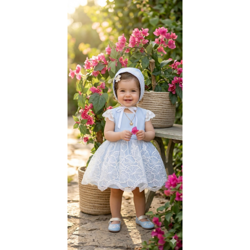 فستان دانتيل - أزرق - فاخر للعيد والمناسبات مع قبعة 26018 فستان دانتيل - أزرق - فاخر للعيد والمناسبات مع قبعة 26018