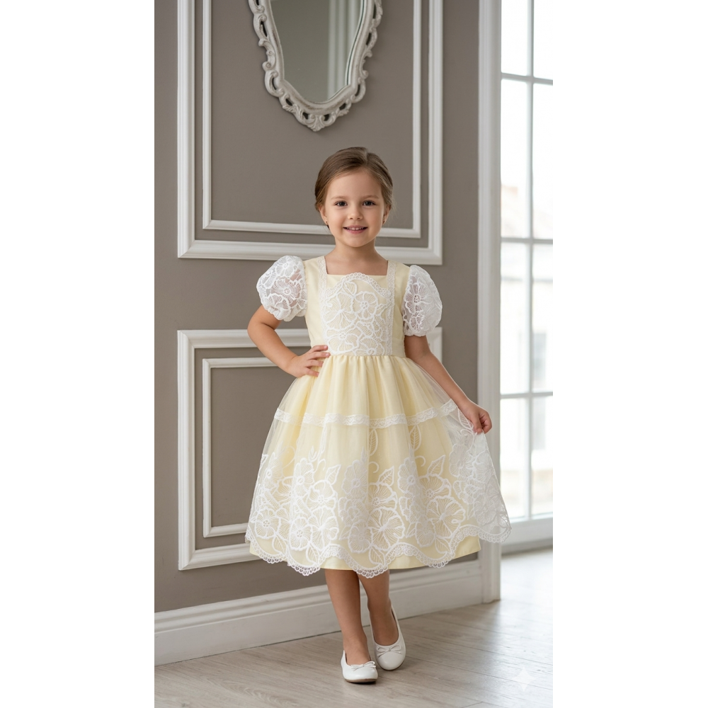 فستان - أصفر - دانتيل للعيد 26030 فستان - أصفر - دانتيل للعيد 26030