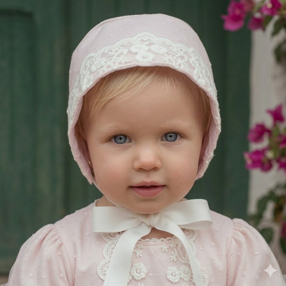 طقم بناتيناعم  فستان وردي  مع قبعة مزين بالدانتيل   202633