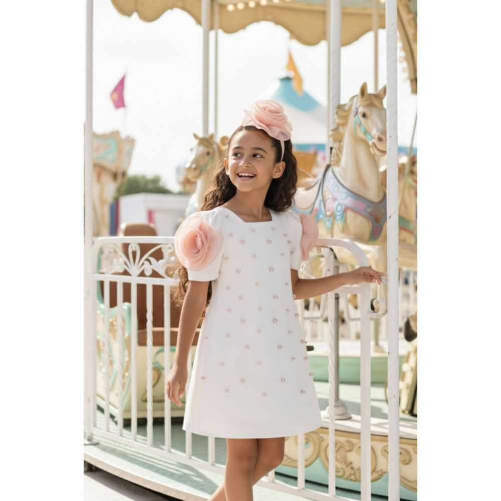 فستان بناتي مزين بتفاصيل لؤلؤية مع اكسسوار شعر 36129