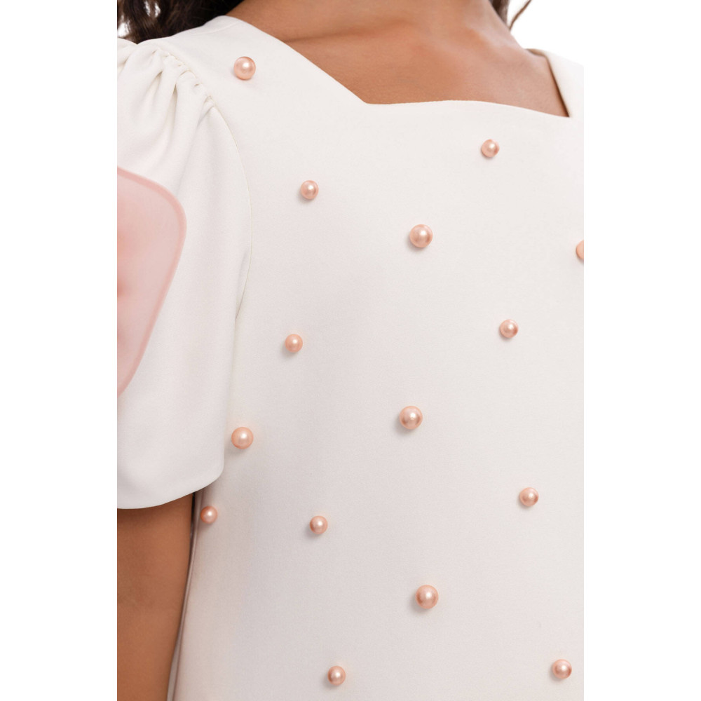 فستان بناتي مزين بتفاصيل لؤلؤية مع اكسسوار شعر 36129