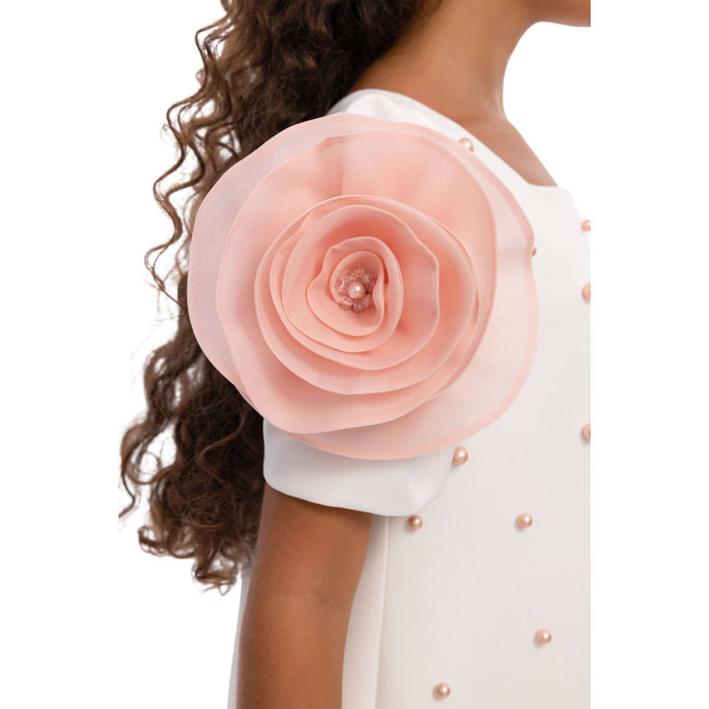 فستان بناتي مزين بتفاصيل لؤلؤية مع اكسسوار شعر 36129