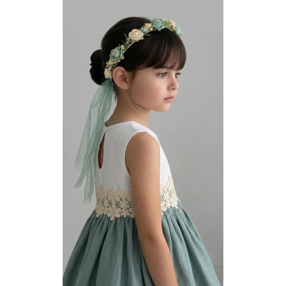 فستان أخضر كلاسيكي مع حزام ورد بالخصر   202636