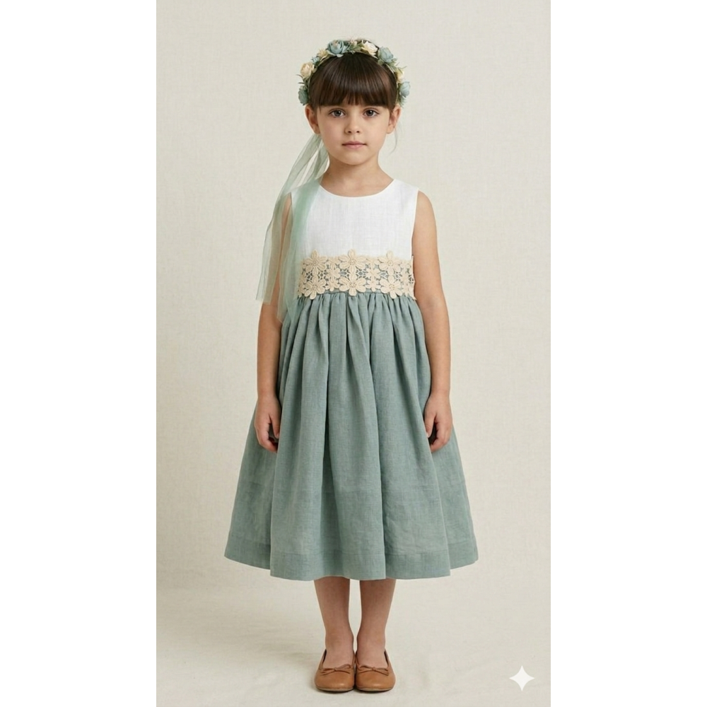 فستان أخضر كلاسيكي مع حزام ورد بالخصر   202636