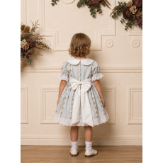 فستان بناتي كلاسيك سماوي بنقشة ورود مع ياقة بيضاء وفيونكة خلفية 202638