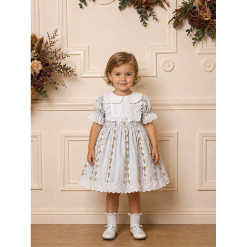 فستان بناتي كلاسيك سماوي بنقشة ورود مع ياقة بيضاء وفيونكة خلفية 202638