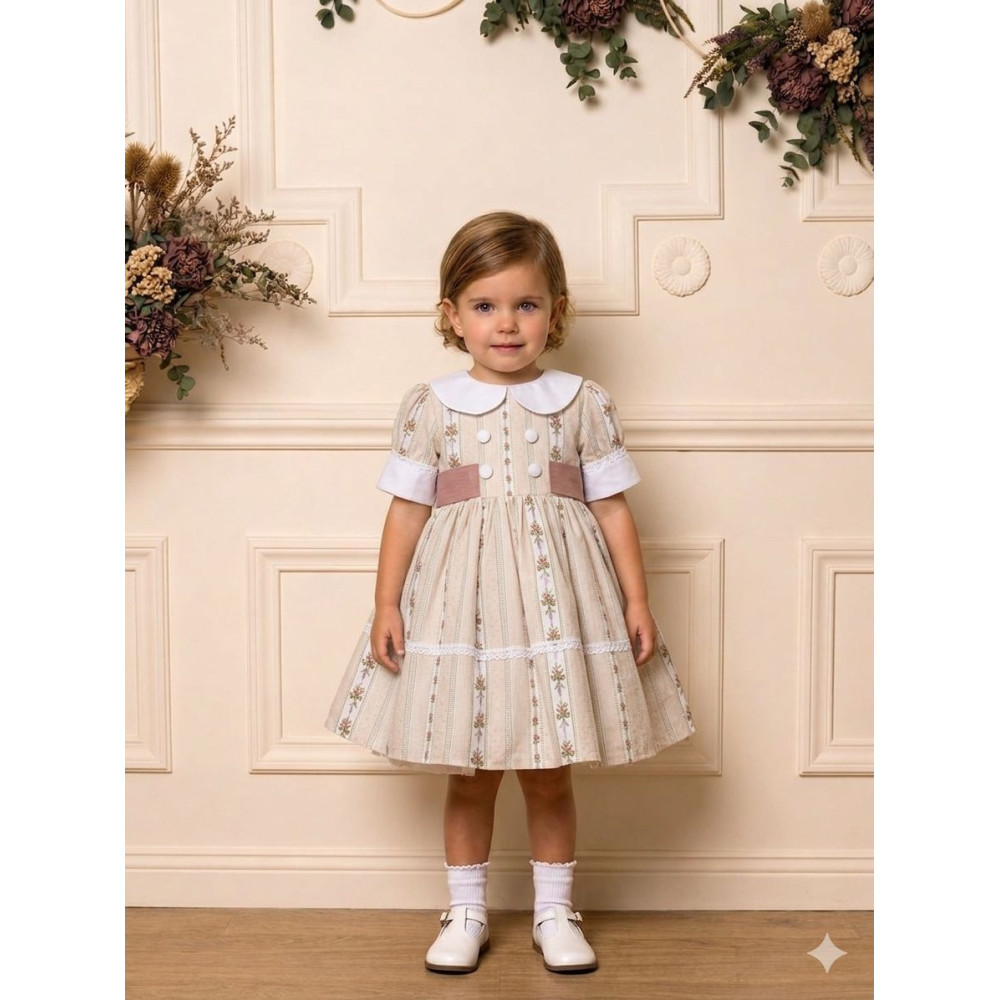 فستان بناتي كلاسيك بنقشة ورود مخططة مع ياقة بيضاء وحزام خلفي  202643