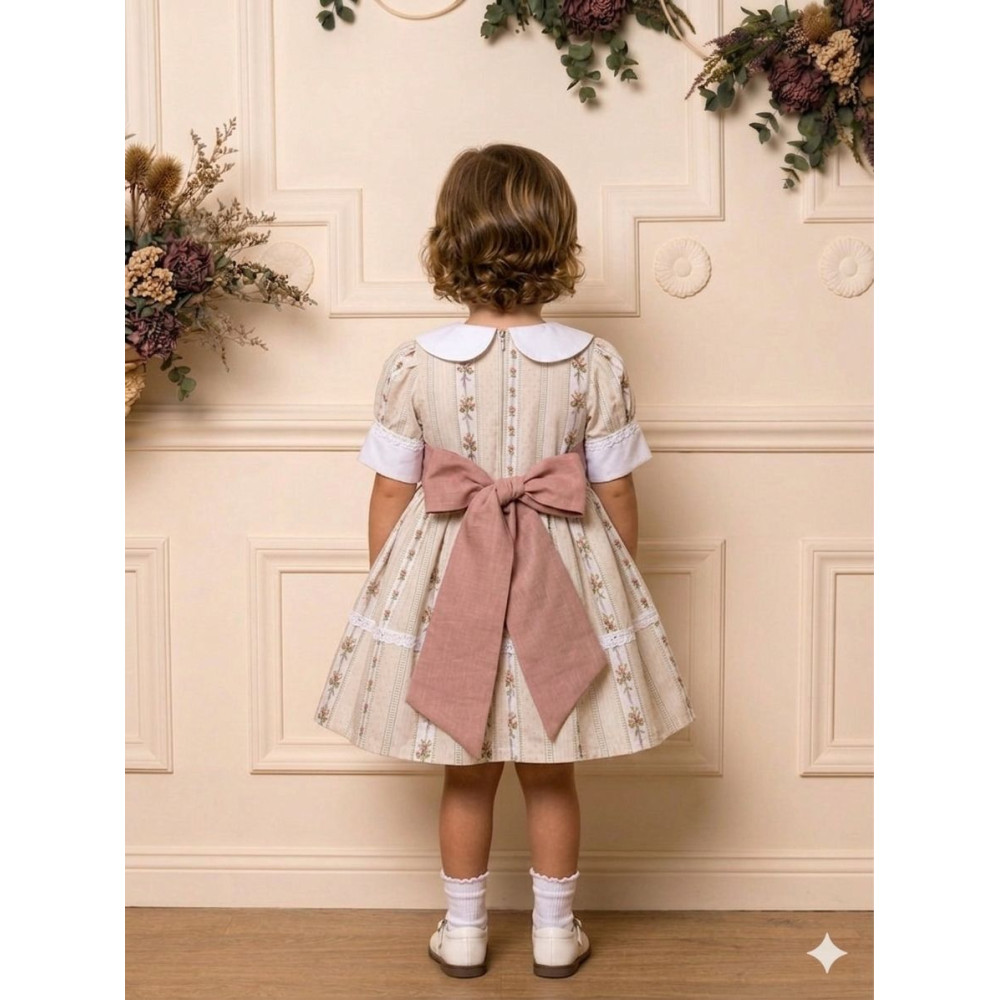 فستان بناتي كلاسيك بنقشة ورود مخططة مع ياقة بيضاء وحزام خلفي  202643