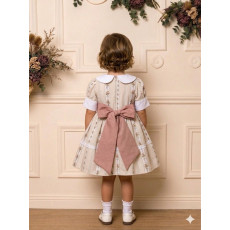 فستان بناتي كلاسيك بنقشة ورود مخططة مع ياقة بيضاء وحزام خلفي  202643