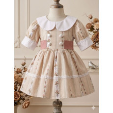 فستان بناتي كلاسيك بنقشة ورود مخططة مع ياقة بيضاء وحزام خلفي  202643