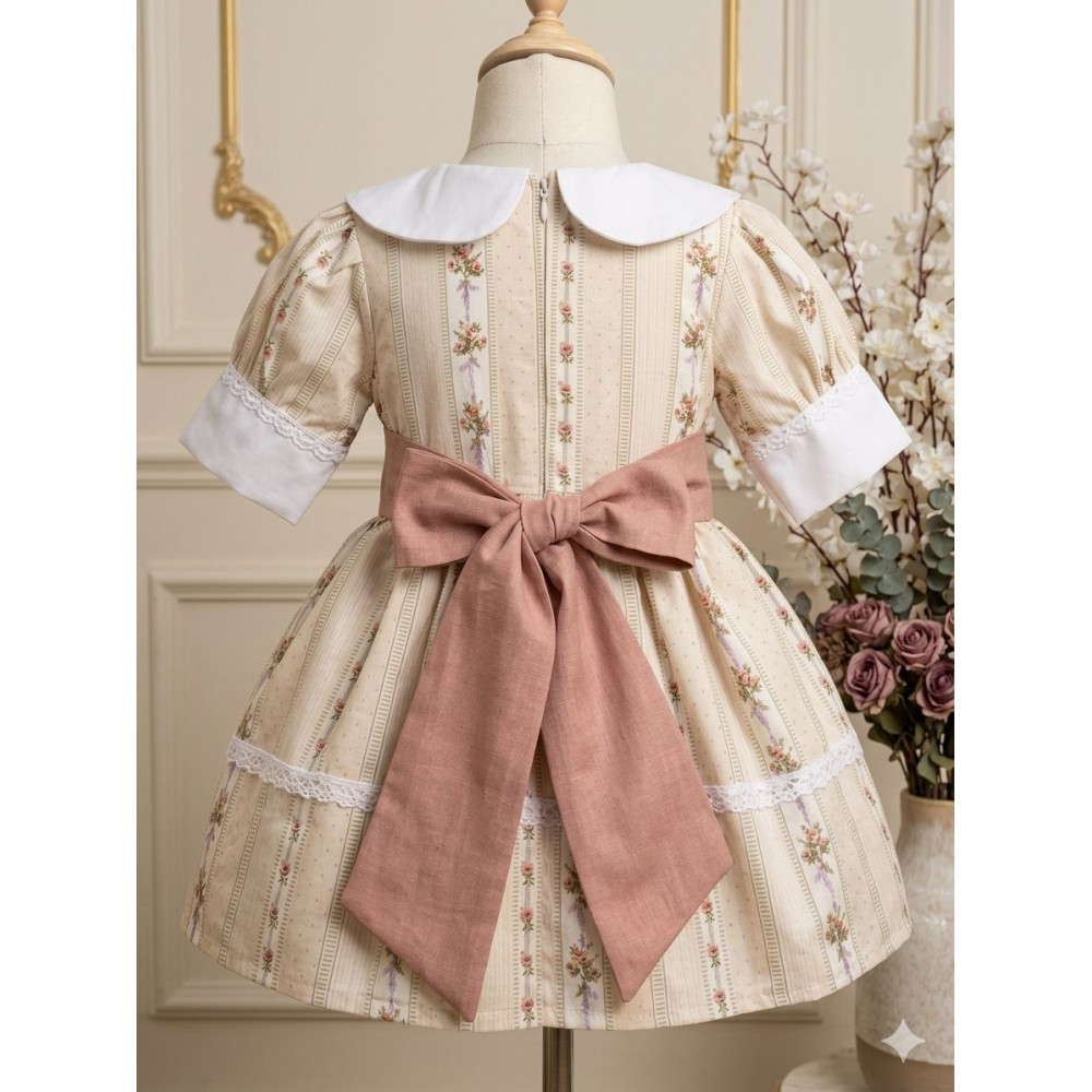 فستان بناتي كلاسيك بنقشة ورود مخططة مع ياقة بيضاء وحزام خلفي  202643