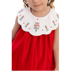 فستان أطفال - أحمر - بياقة مطرزة مع اكسسوار شعر  36097