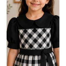فستان أسود كاروهات مع ياقة وحزام اسود 202675 فستان أسود كاروهات مع ياقة وحزام اسود 202675