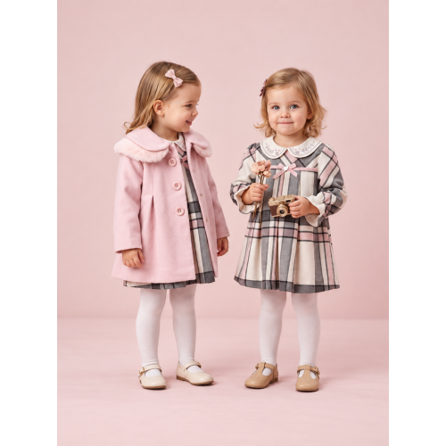 فستان بناتي كاروهات مع معطف وردي  5567