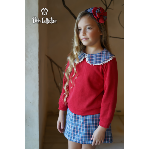 16506 بدلة اسباني قميص احمر وتنورة  كاروهات (أحمر)